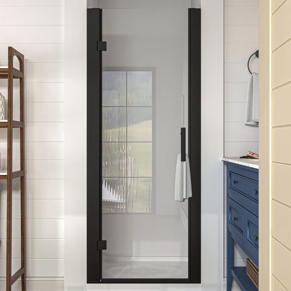 32 to 34 in. W x 72 in. H Pivot Swing Frameless Shower Door in Black with Clear Glass