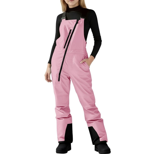 Women’s Waterproof Insulated Bib Overalls Adjustable Strap Snow Pants with Zipper Pockets for Outdoor Activities, 9-10 Years