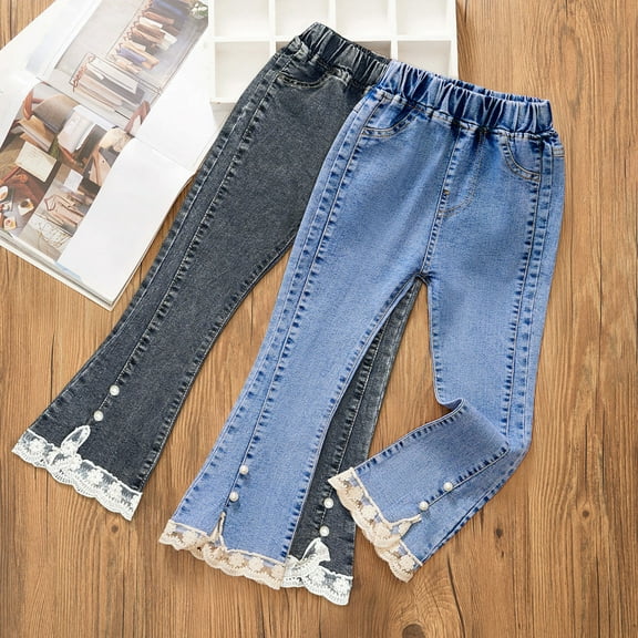 MKOSPLRT Bootcut Jeans for Girls 5-9Y Elastic Waist Lounge Flare Denim Pants Embroidered Pearls Beading Lace Hem Bell Bottom Jeans with Pocket