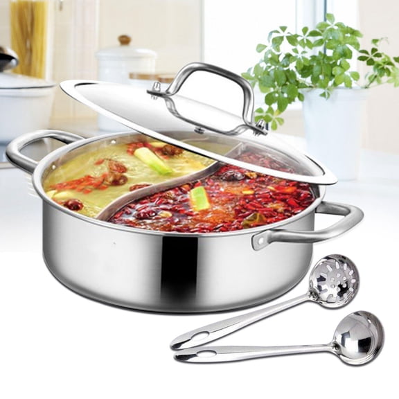 304 Stainless Steel Dual-Sided Shabu Hot Pot – 11-Inch with Divider, 2 Ladles & Glass Lid, Induction & Gas Stove Compatible