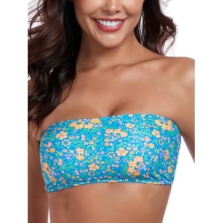 RELLECIGA Womens Strapless Bikini Top Tie Back Lace Up Bandeau Bikini Swimsuits for Women Floral Bathing Suit Top Only