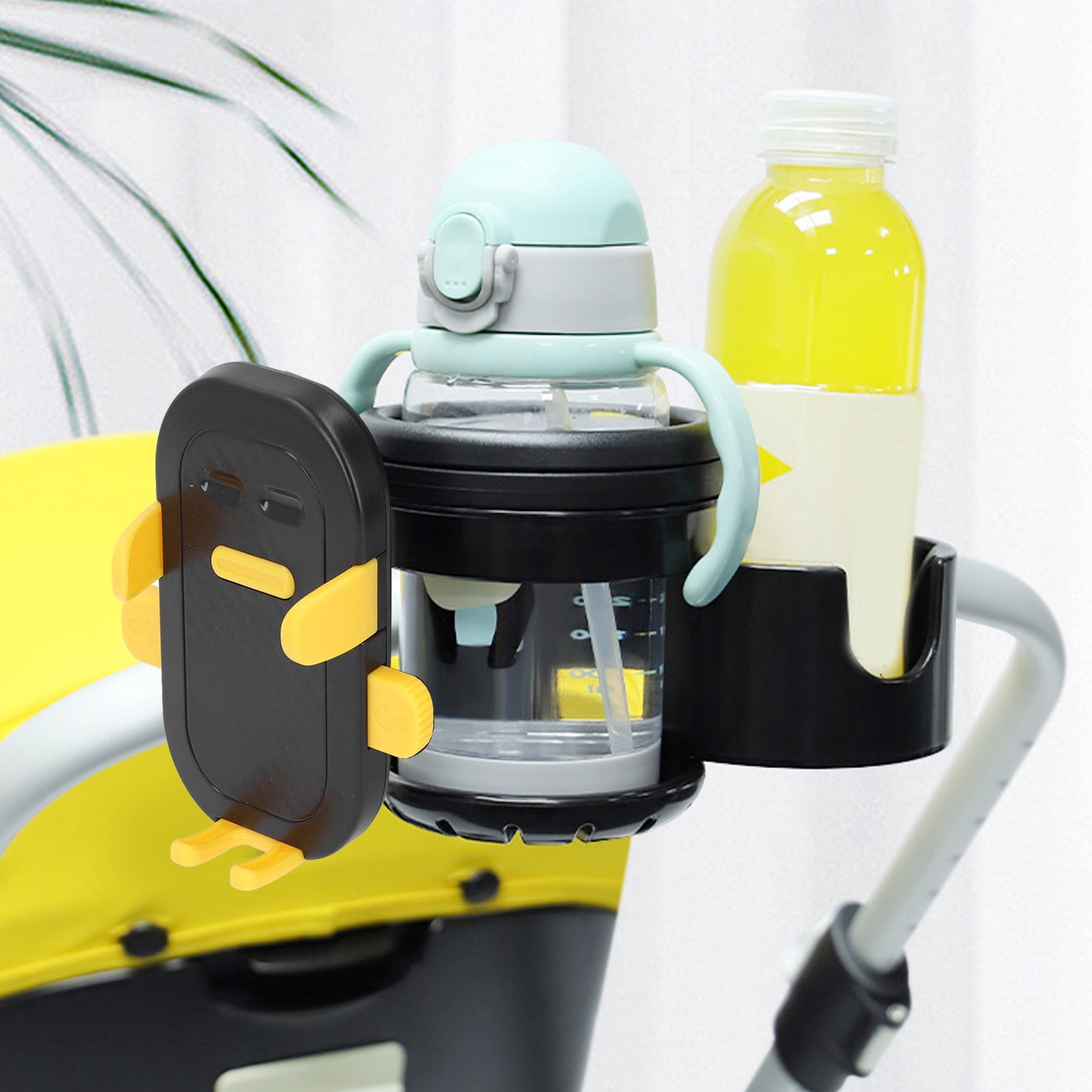 BIMZUC Stroller Cup Holder with Phone Holder, Multifunctional 3 in 1 Stroller Bottle Holder, Double Drink Rack Organizer for Walker Scooters Wheelchairs, Black Yellow