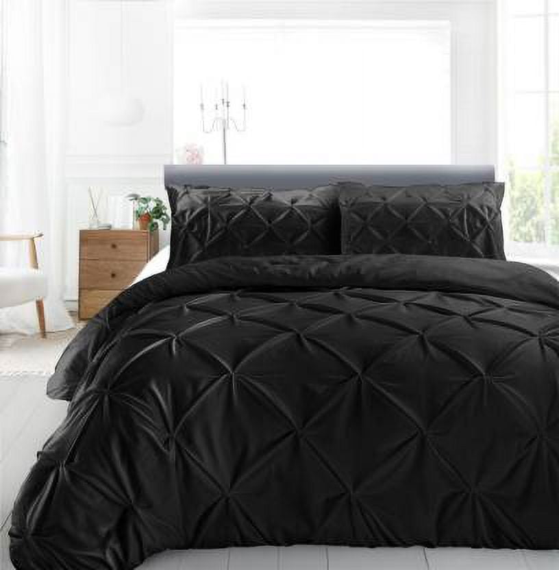 Cloud Fino Luxurious Pinch Pleated Duvet Cover Set 100% Egyption Cotton 600 Thread Count Pintuck Design Decorative Soft Bedsheet Set(Black,Full/Queen)