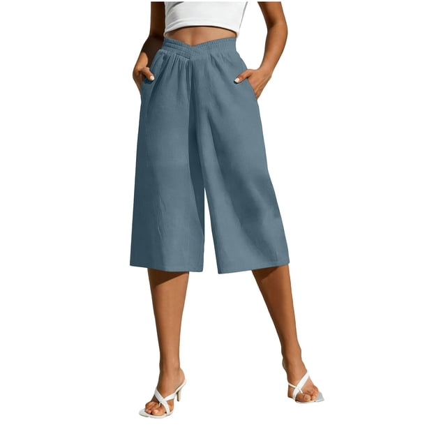 Pantalones de Pierna Recta de Lino para Mujeres Verano Suelto Color Sólido Cintura Elástica con Bolsillos Pantalones de Pierna Recta Casual