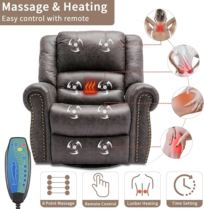 EPICOZY Manual Massage Swivel Rocker Recliner with Heat and Vibration, 360° Swivel Glider Rocking Recliner Chair, Classic Living Room Lounge Recliners with Side Pockets & USB Ports, Dark Gray