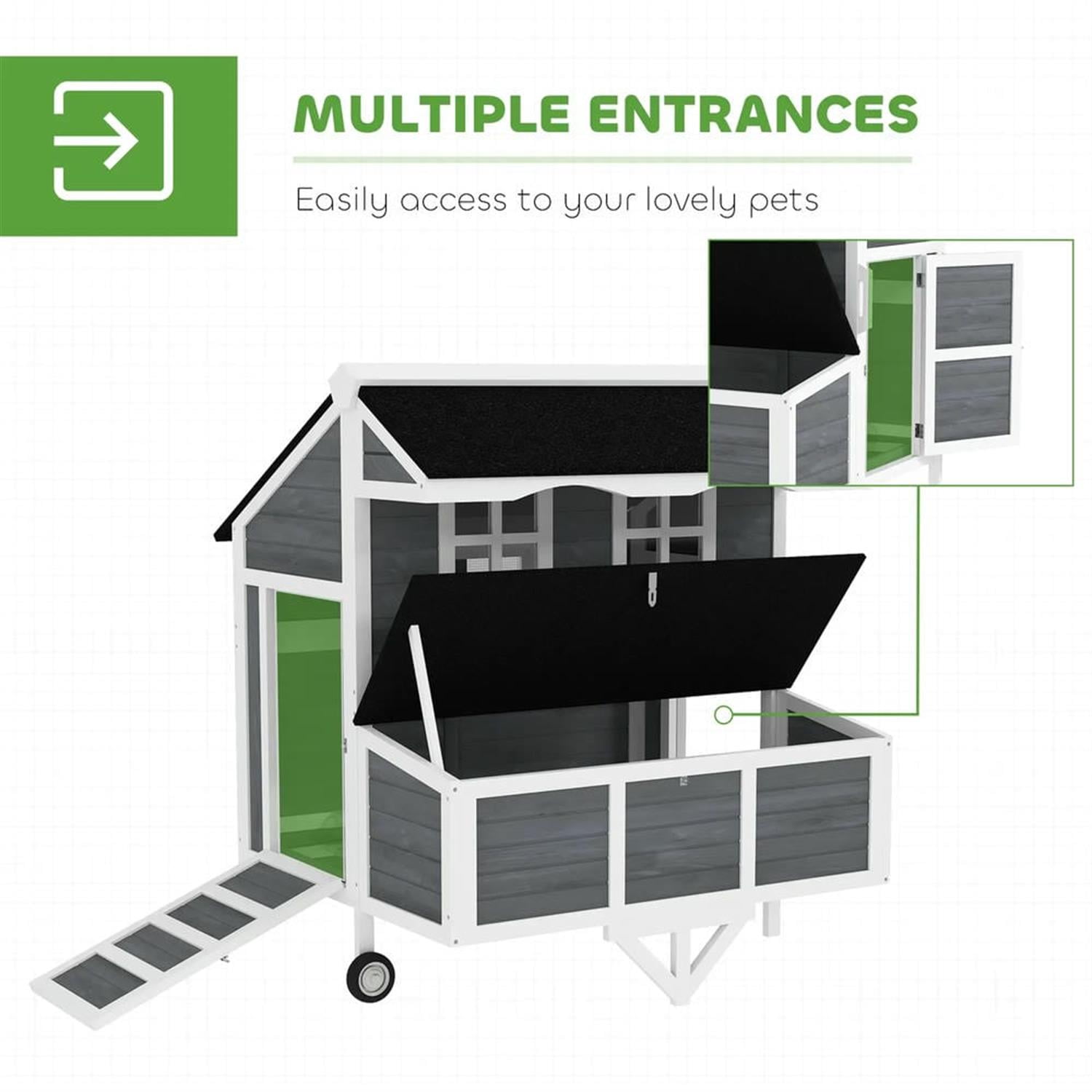 Pefilos 50" Outdoor Wooden Chicken Coop with Nesting Box, Wheels, Farm Hen House 2-4 Hens, Weatherproof Pet House for Rabbits, Bunnies, Gray