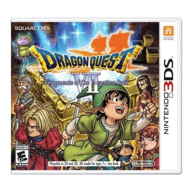 dragon quest vii fragments of the forgotten past nintendo 3ds portada con héroe joven en capa verde en primer plano, compañeros de aventura alrededor, título grande azul y dorado sobre ilustración de barcos y ruinas antiguas, logos de Nintendo y Square Enix y etiqueta RPG visible. También apto como referencia visual para coleccionistas de juegos de rol clásicos.