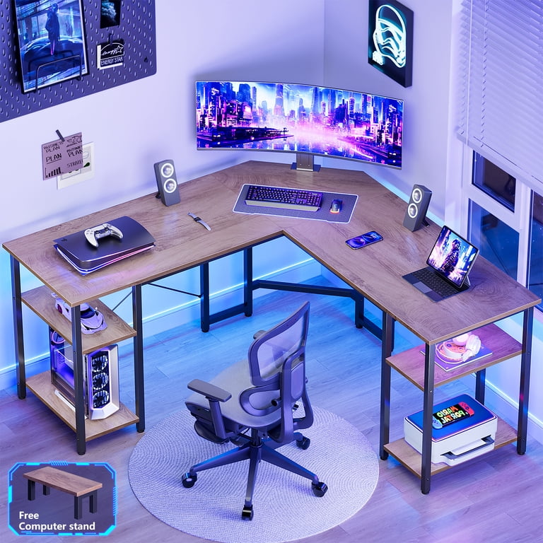 GUNAITO 61" L-Shaped Gaming Desk with Storage, Natural Wood photo 1