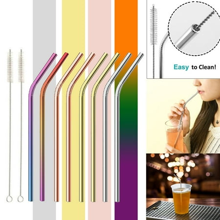 - 4/8 PCS Curved Straws Reusable Rainbow Premium Stainless Steel Metal Drinking Straw Straws w/ 1/2 PCS Cleaning Brush - Eco Friendly, SAFE, NON-TOXIC Non-plastic For Smoothie Shakes
