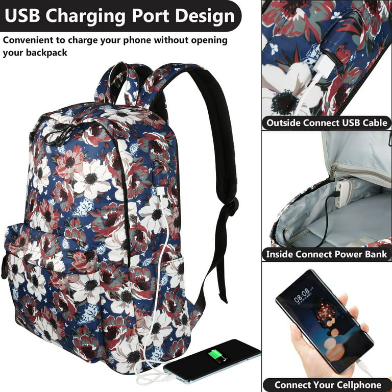  Casual Backpack For Women Floral School Bag With USB Charging  Port 3PC Lunch Bag Child Leash Backpack (C-Red, One Size)