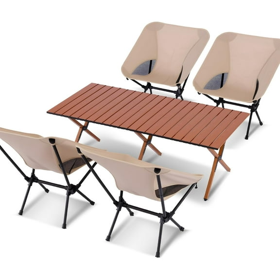 Folding Camping Table and Chair Set 5-Piece, 45.5 x 23.2 Inch Picnic Table with 4 Lightweight Compact Backpacking Chairs, 4-6 Person Portable Roll up Low Picnic Table for Backyards, BBQ, Beach, Party