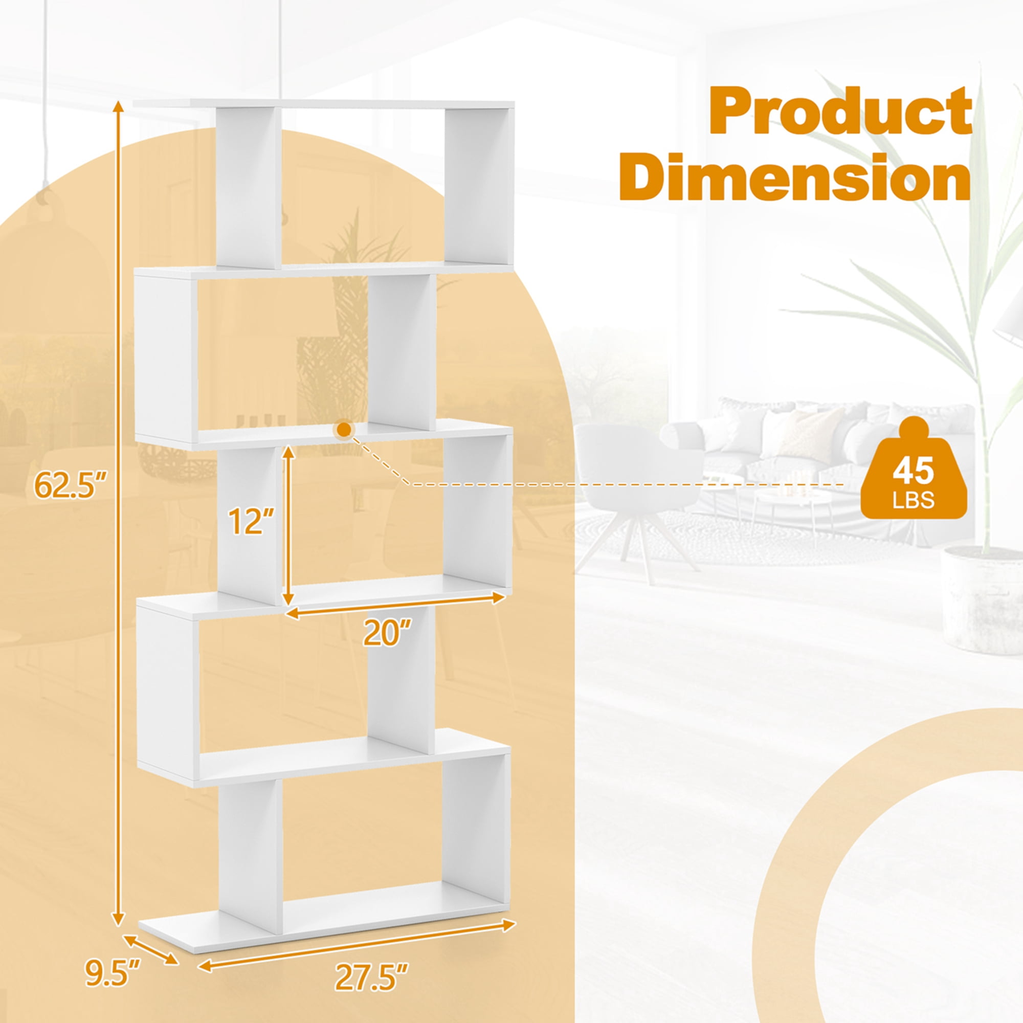 Costway 1 PC 5-Tier Bookshelf Geometric S-Shaped Bookcase Room Divider Storage Display Shelf White