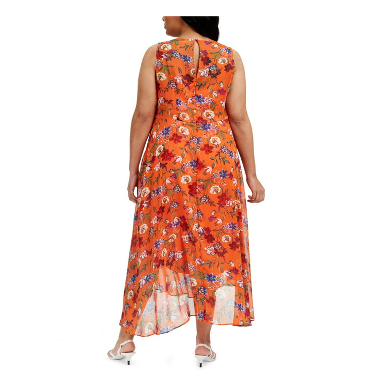 16W Womens Dress Plus Floral Sleeveless Midi Chiffon CALVIN KLEIN Surplice Neckline Orange