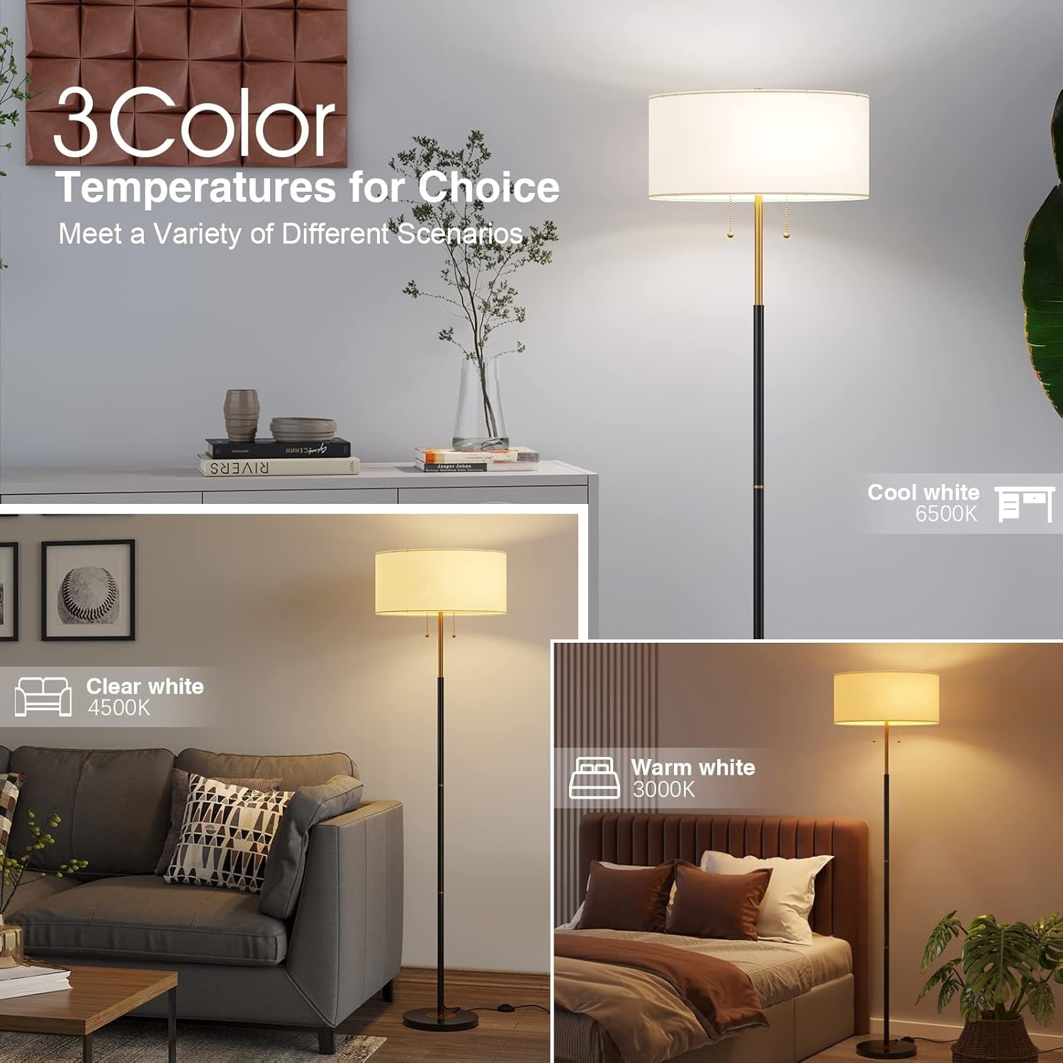 Floor Lamp, Floor Lamp with White Fabric Shade, Standing Lamp Tall Lamp for Living Room Bedroom, 3 Color Temperatures 9W Bulb Include
