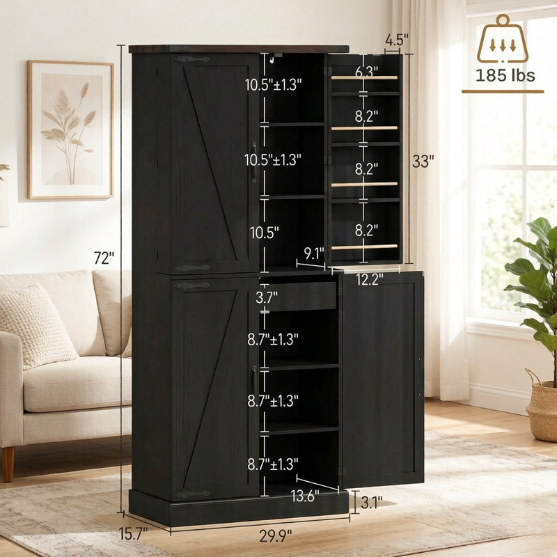 Farmhouse Style Storage Cabinet with Side Rack, Home Bar Sideboard Organizer, Kitchen Pantry Cabinet with Adjustable Shelf