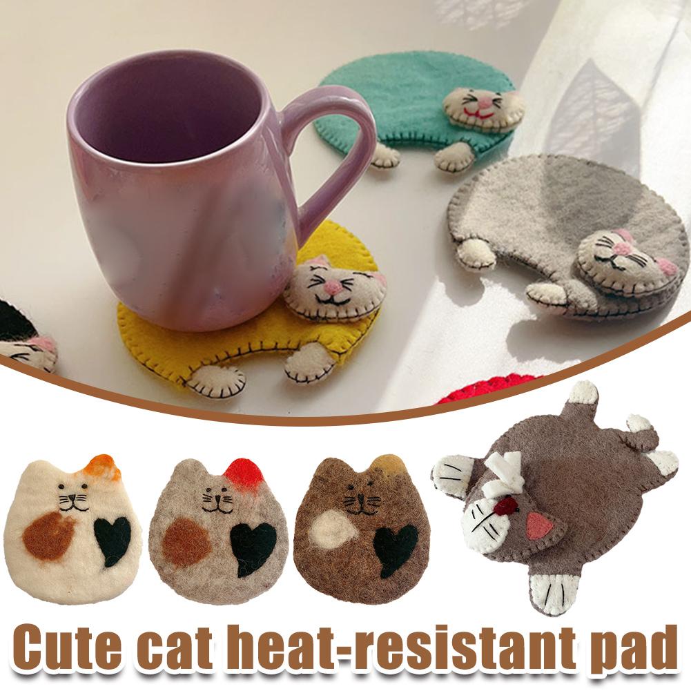 Shaperme Cartoon Animal Wool Felt Tea Coasters Water Coasters Cute Cat 