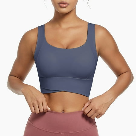 TrendVibe365 Yoga Bras for Women Wireless Push up Seamless Bralettes Padded High Neck Wide Strap Supportive Longline Bustier Full Coverage Crop Tank Top Cute Lingerie Blue S
