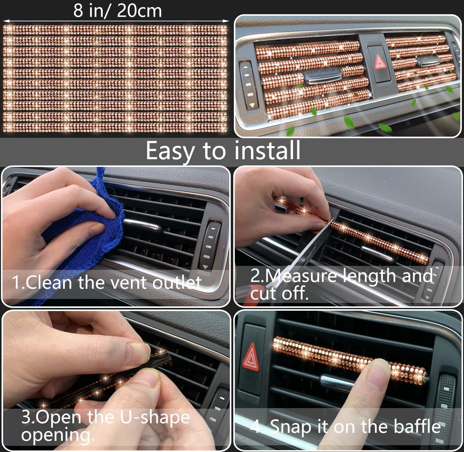 27 PCs Gold Champagne Bling Car Accessories Set for Women, Steering Wheel Covers Universal Fit 15 Inch, Bling License Plate Frame, Bling Phone Holder, Bling Car Coasters