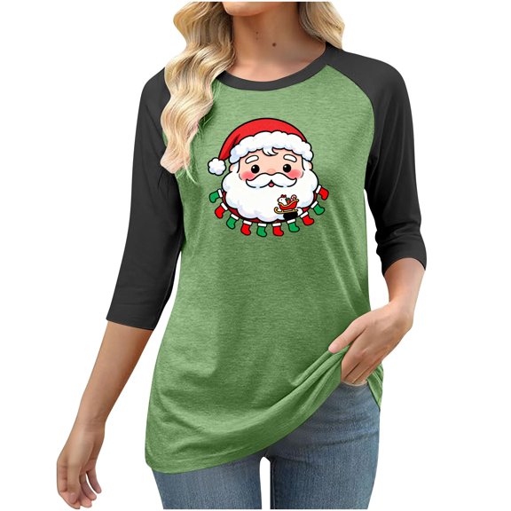 Generic Womens Christmas Shirts Plus Size 3/4 Sleeve Crew Neck Funny Hoilday T-Shirts Cute Santa Claus Graphic Tee Tops