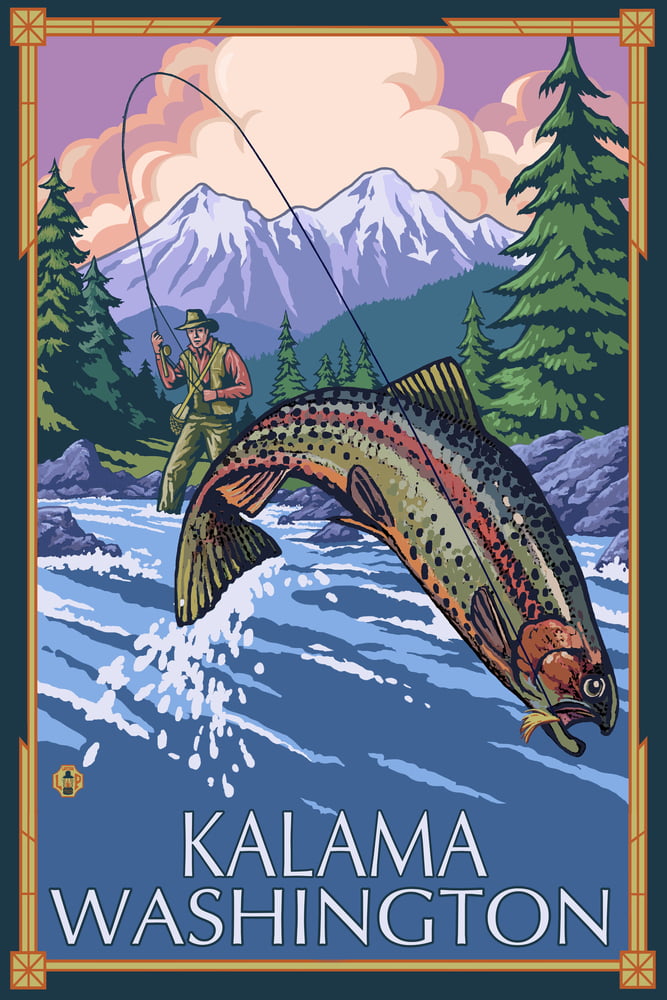 Kalama, WA, Angler Fly Fishing Scene (Leaping Trout) (12x18 Wall