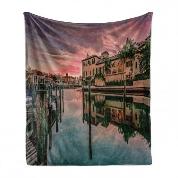 Cityscape Soft Flannel Fleece Blanket, Colorful Sunrise over Venetian Bay Naples Florida Apartments Trees Waterscape, Cozy Plush for Indoor and Outdoor Use, 70" x 90", Purple Green, by Ambesonne