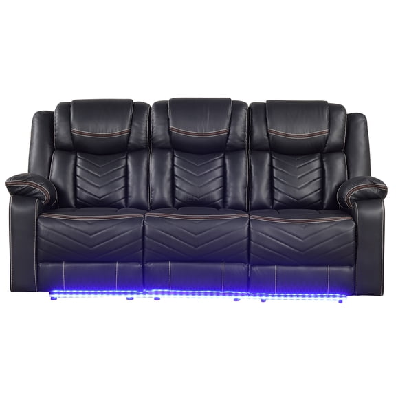 JERFIT Modern 3-Seat Power Recliner Sofa with LED Lights, USB Charging, Cup Holders & Console, Black Faux Leather