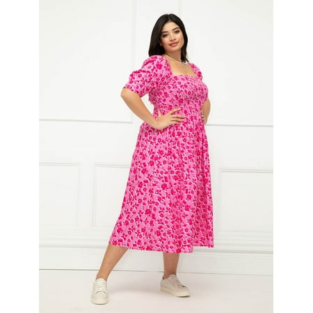 ELOQUII Elements Women's Plus Size Floral Print Fit N' Flare Dress
