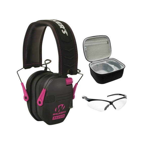 Walker's Razor Slim Electronic Muff (Black/Pink) Bundle with Shooting Glasses and Hard Case (3 Items)