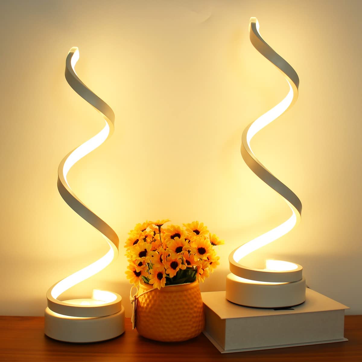 Modern Spiral Table Lamp Set Of 2 - Dimmable LED, 3 Colors & 10 Brightness Levels, Perfect For Bedroom & Living Room (Black)