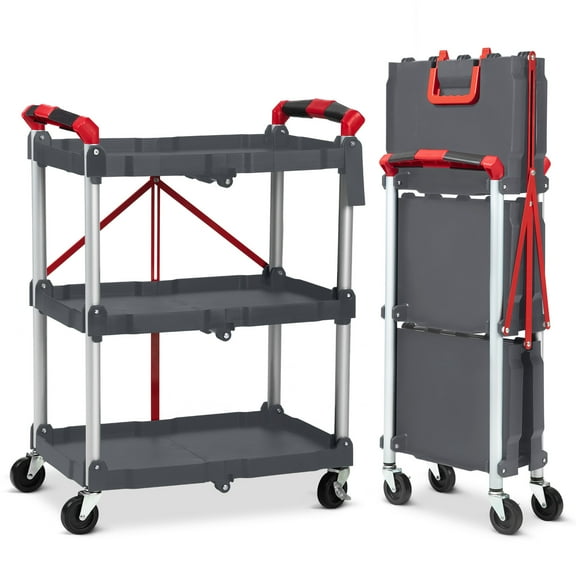 3-Tier Folding Collapsible Service Cart with Wheels, 167 Lbs Loading Capacity, Foldable Rolling Utility Cart for Garage, Warehouse, Home, Restaurant, Office, Grey & Red