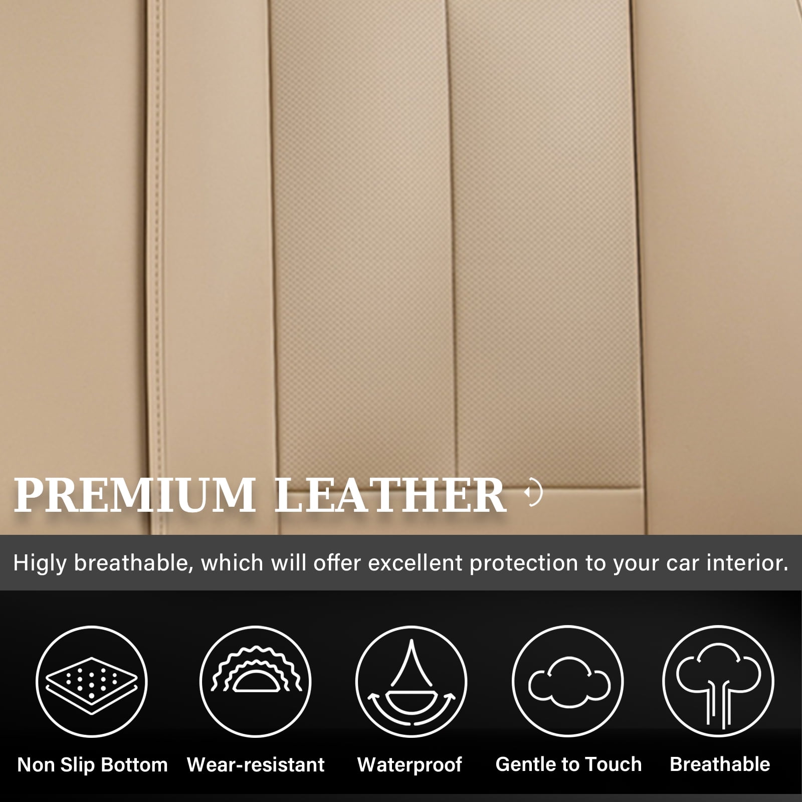 Coverado Beige Back Car Seat Covers Set, Premium Leather Rear Seat Covers Car Accessories, Waterproof Velcro-Adjusted Seat Protectors Universal Fit for Most Sedans SUV Pickup Truck