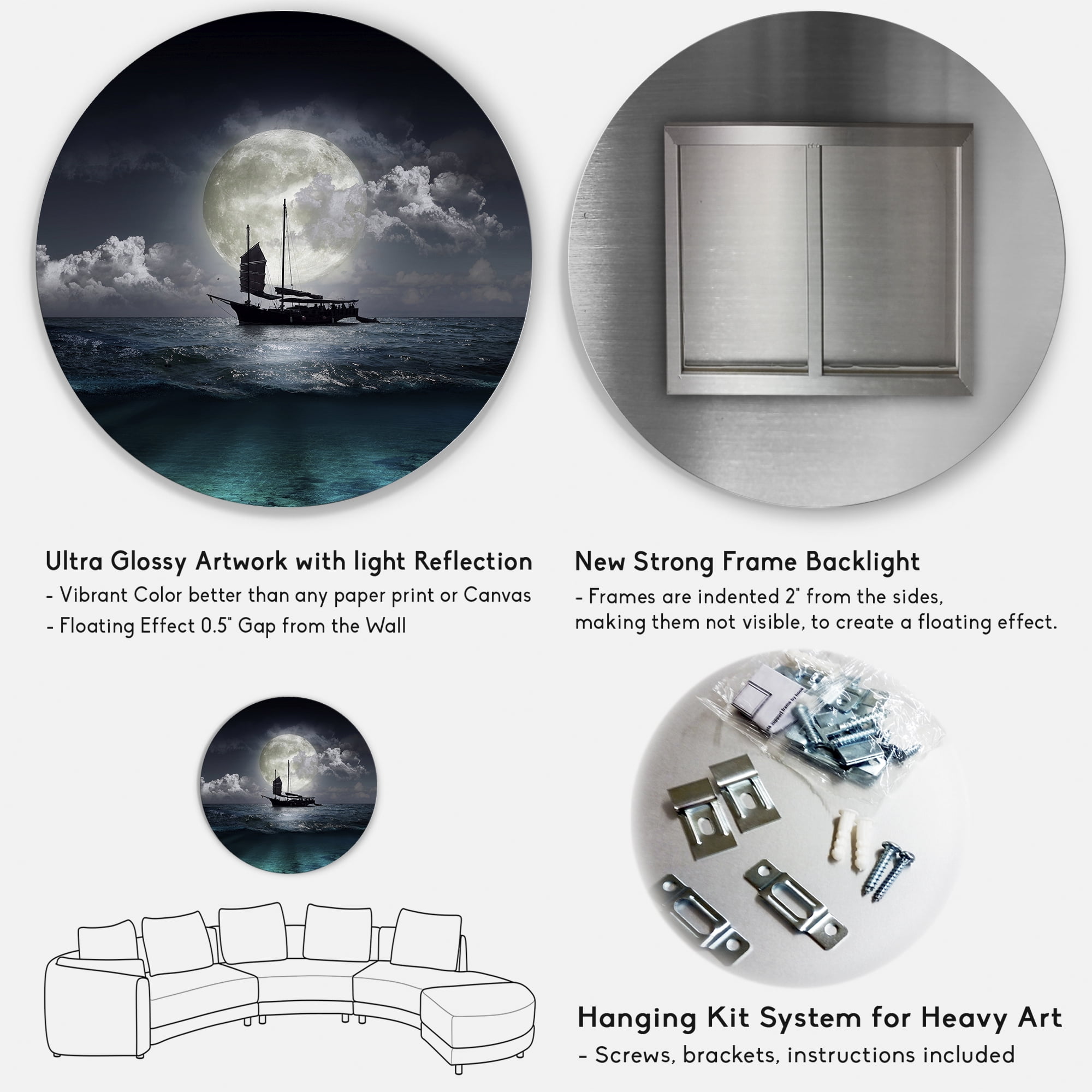 Designart 'The Lake During Full Moon With Fisher Boat' Nautical & Coastal Circle Metal Wall Art 23x23 - Disc of 23