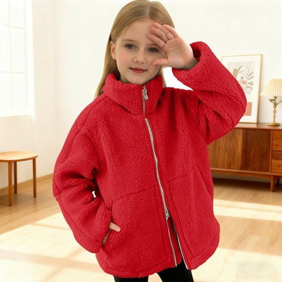 Girls Boys Sherpa Jacket Fuzzy Winter Coats (Red 9-10 Years)