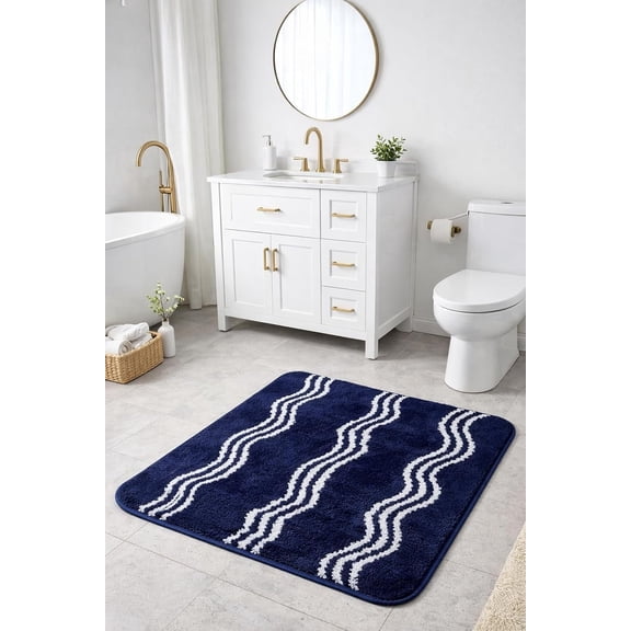 181 Degrees Soft Absorbent Bath Mat, Non-Slip Bathroom Rug with Wavy Stripe Design, Quick-Dry Plush for Shower, Tub & Sink, Navy Blue/White -2 pack -24x16 Inch