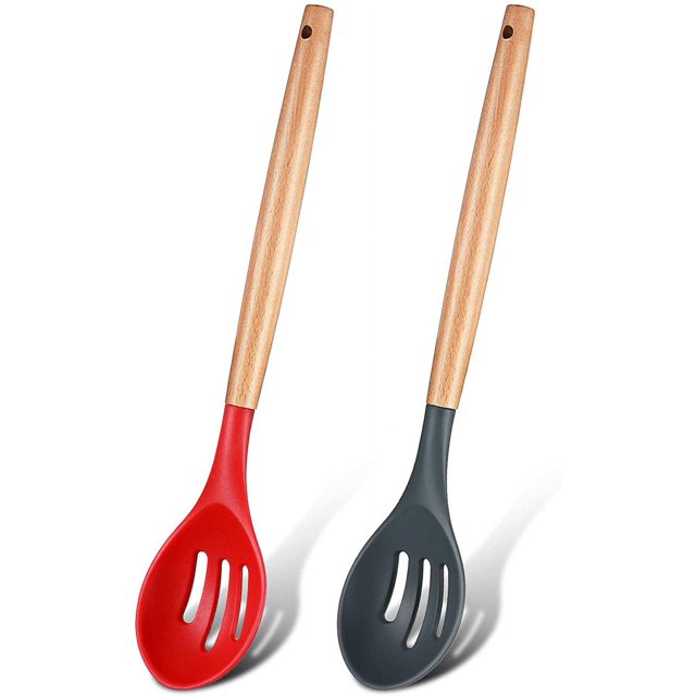 Cuchara de Silicona con Mango de Madera Ormromra Cuchara de Servir Ranurada Antiadherente 12,4 Pulgadas Rojo y Negro