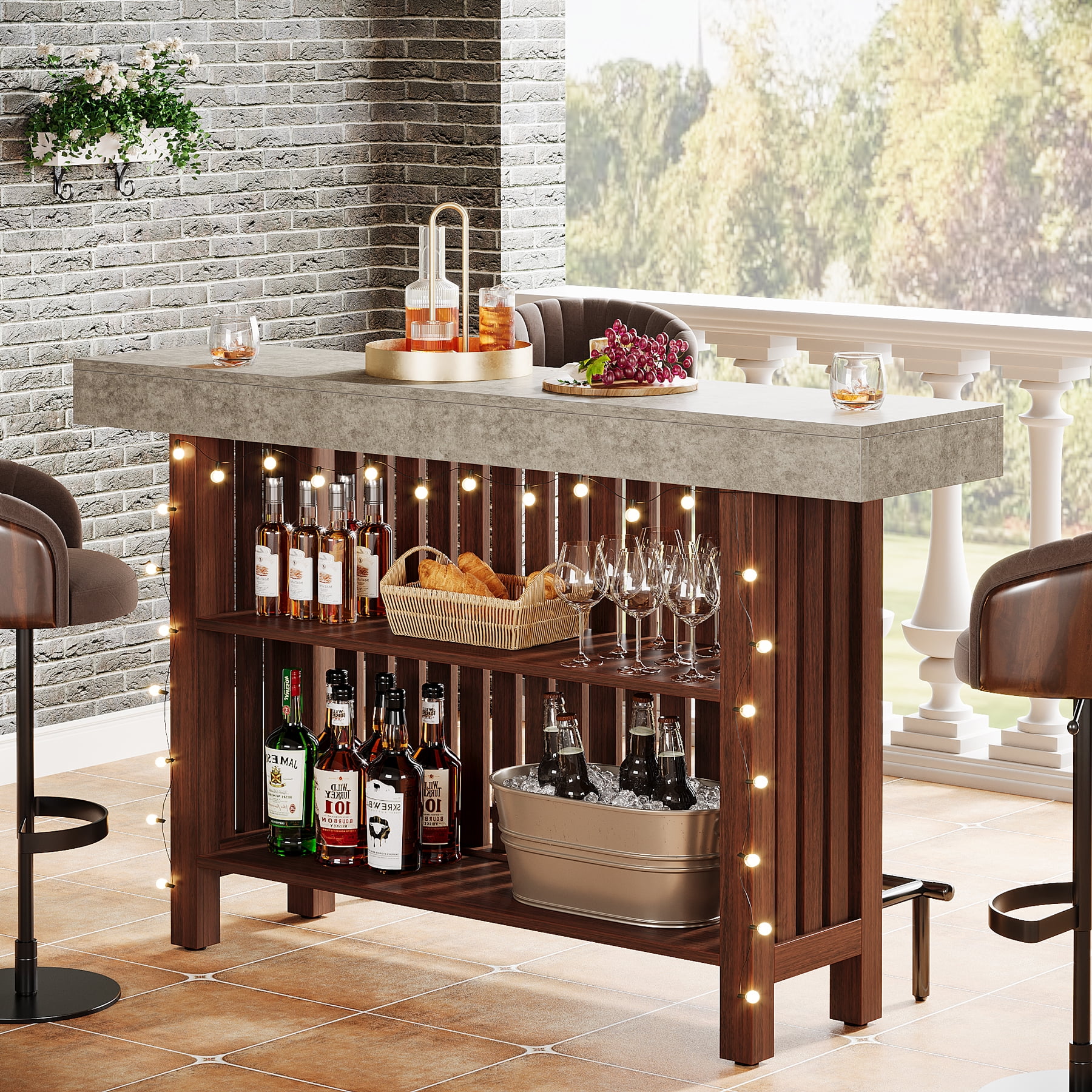 Tribesigns Home Bar Unit, Modern 2-Tier Bar Table with Footrest, Corner Mini Coffee Bar Cabinet for Home Kitchen Pub, Brown