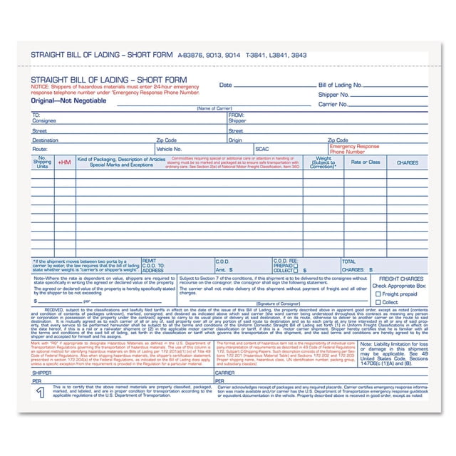 Formato de Carta de Porte Tops Adams Simplificado 3 Partes 250 Juegos