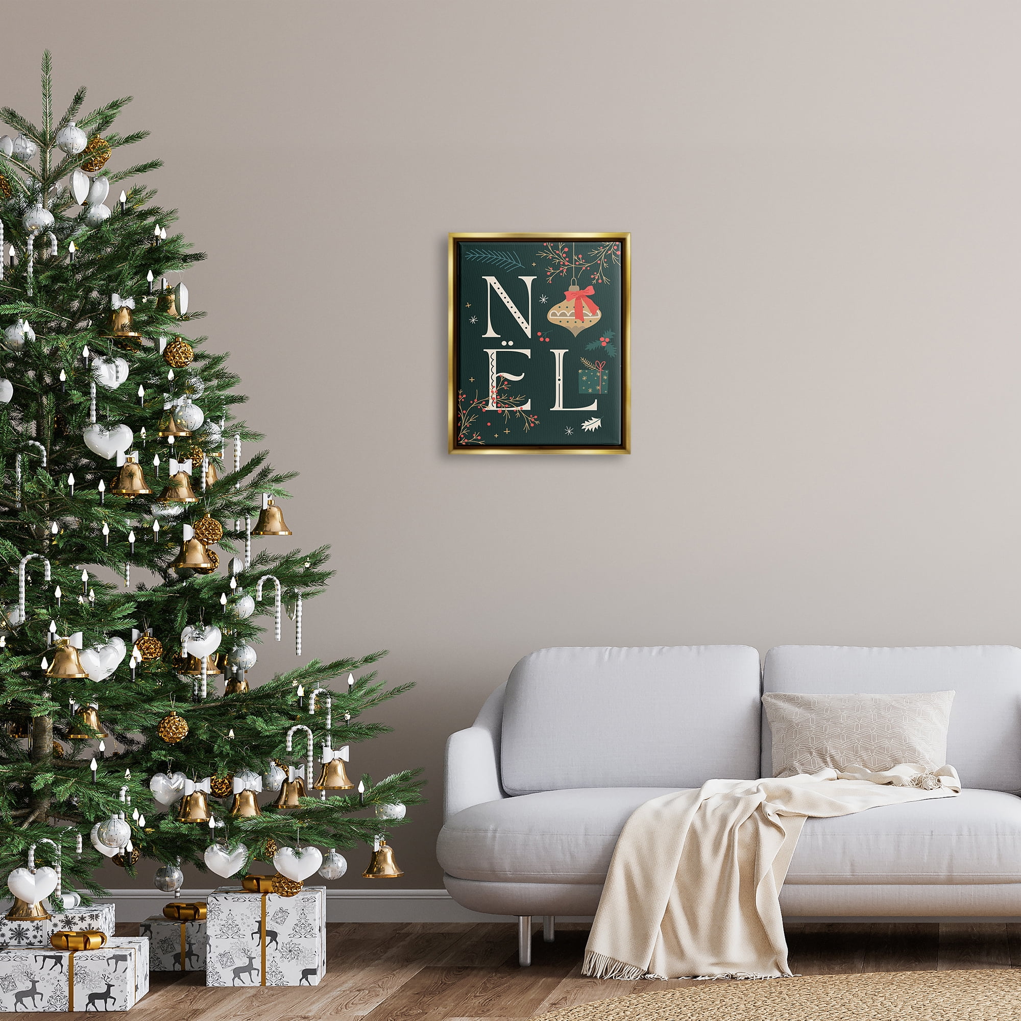 Stupell Industries Noel with Holiday Ornament Holiday Painting Gold Floater Framed Canvas Art Print Wall Art, 17 x 21