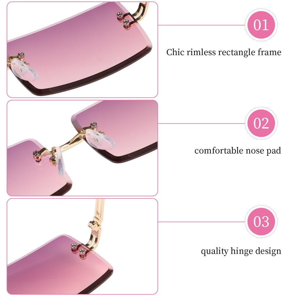 Lunettes De Soleil Femme Sans Monture - Verres Carrés Dégradé Rose/marron - Monture Métal Doré - Style élégant Et Léger