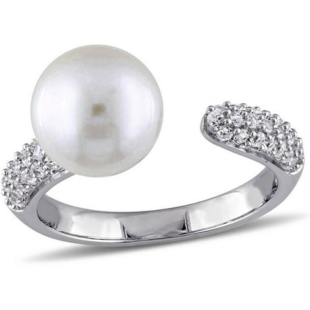 Miabella 9-9.5mm White Round Cultured Freshwater Pearl and 2/5 Carat T.G.W. White Sapphire Sterling Silver Open Ring