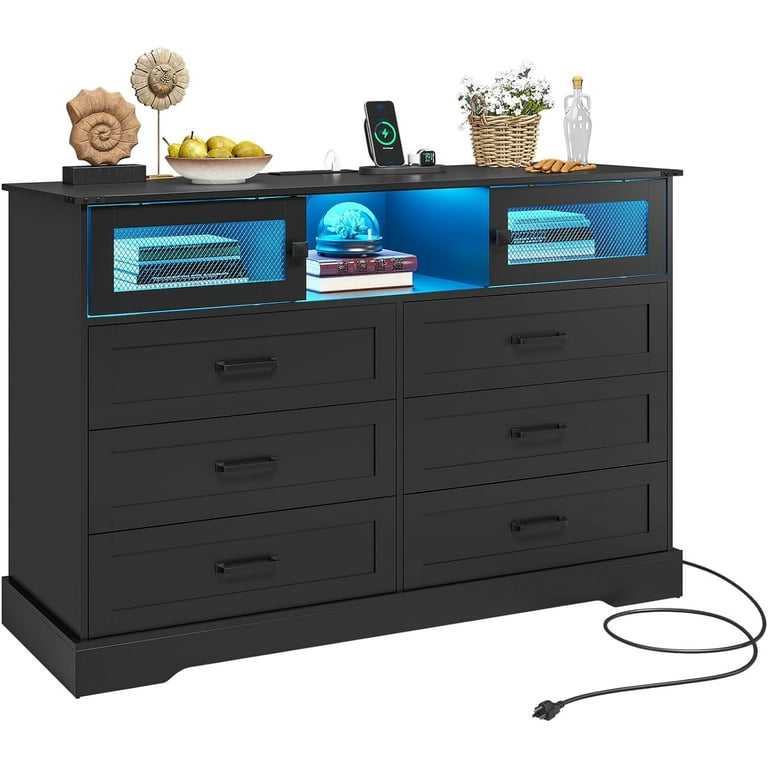 Modern Black Wood Furniture: 6-Drawer Dresser with LED Lights and Charging Station for Bedroom or Living Room - Walmart.com Modern Black Wood Furniture: 6-Drawer Dresser with LED Lights and Charging Station for Bedroom or Living Room - Walmart.com