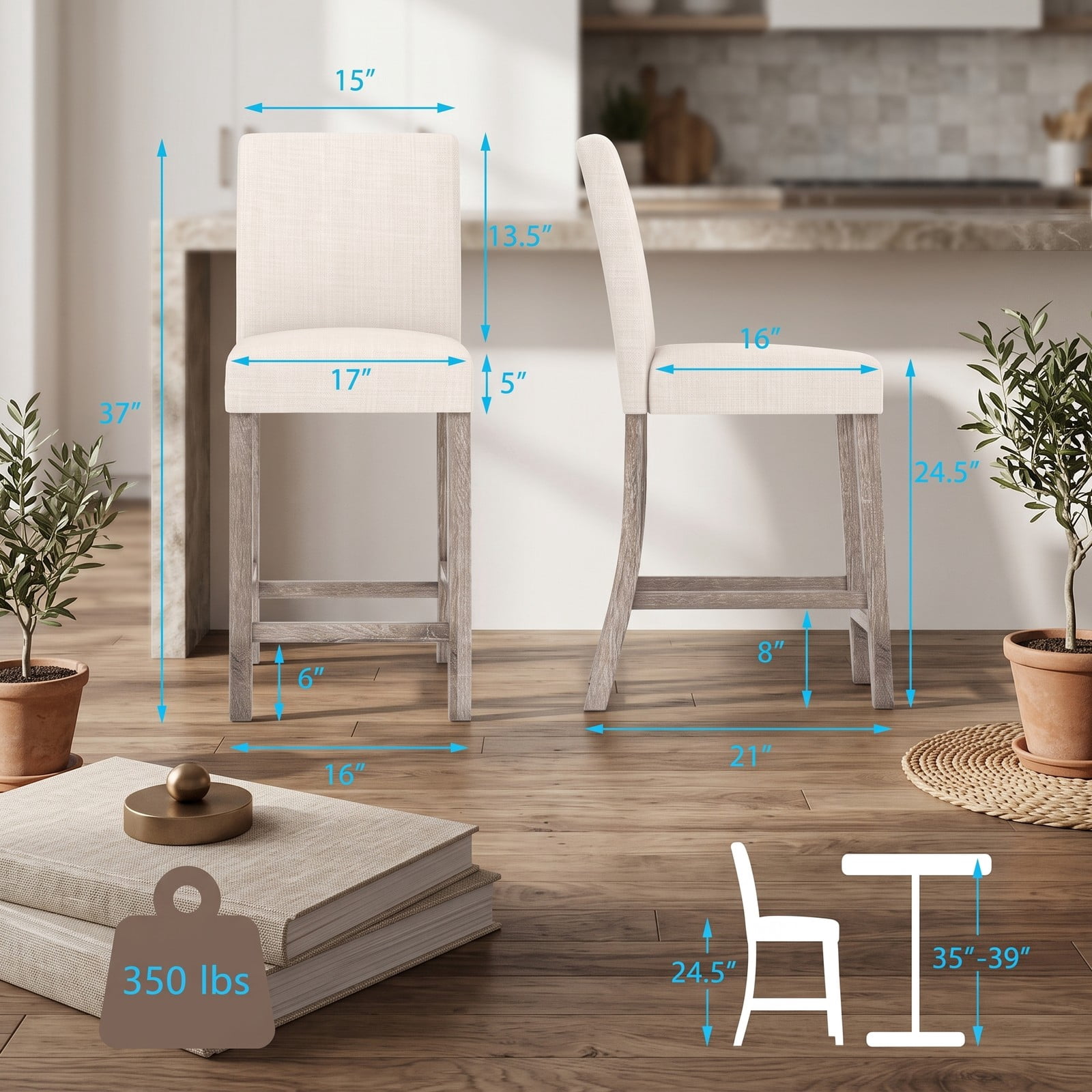 Furnibear Counter Height Bar Stools Set of 2, 24.5 Inch Upholstered Linen Kitchen Island Stools with Backrest and Footrest, Rubber Wood Frame Dining Chairs for, Beige