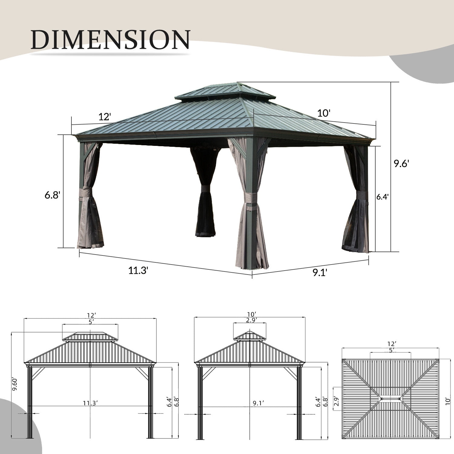 Patio Gazebos, 10' X 12' Hardtop Gazebo Outdoor Metal Gazebo with Galvanized Steel Double Roof Canopy, Aluminum Frame, Curtains and Netting for Patio, Deck, Garden, Grey, Grey Backyard Gazebos
