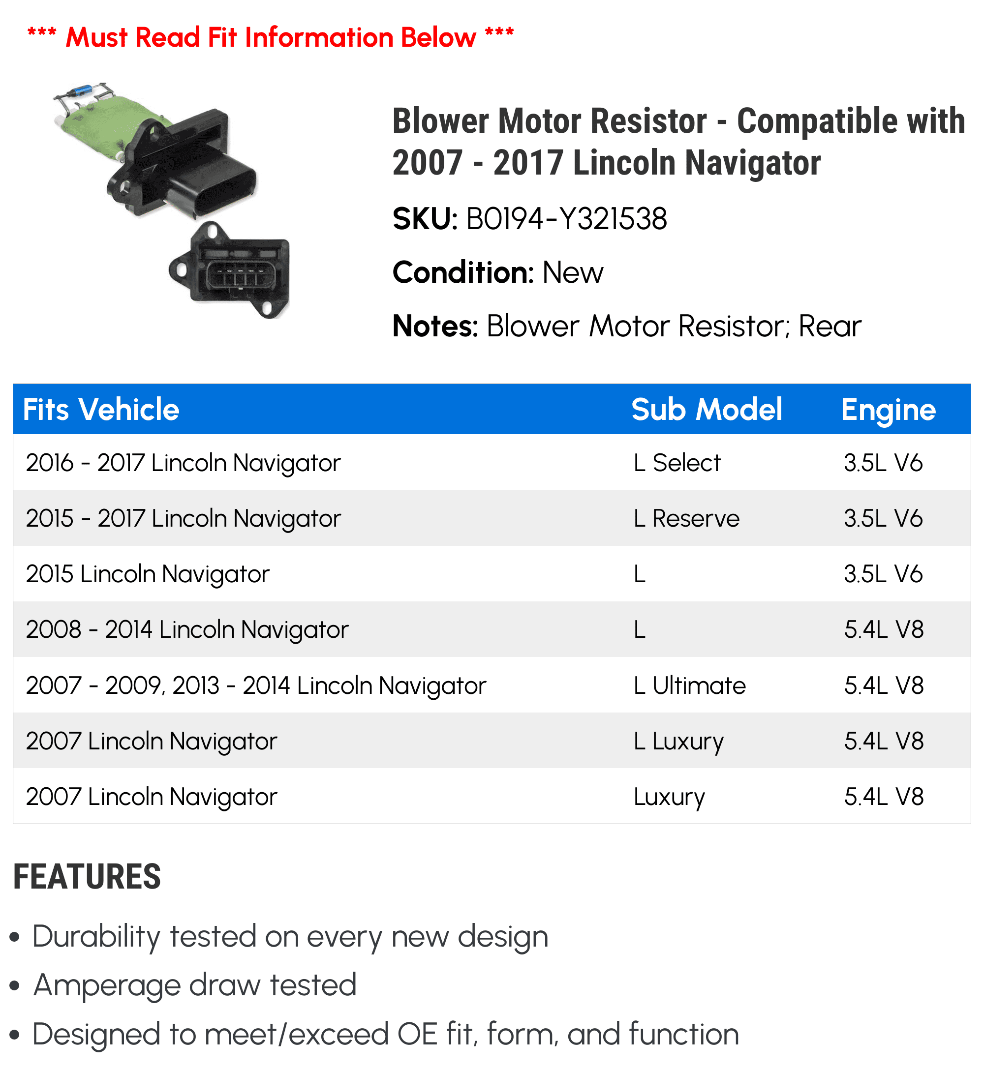 Blower Motor Resistor - Compatible with 2007 - 2017 Lincoln Navigator 2008 2009 2010 2011 2012 2013 2014 2015 2016