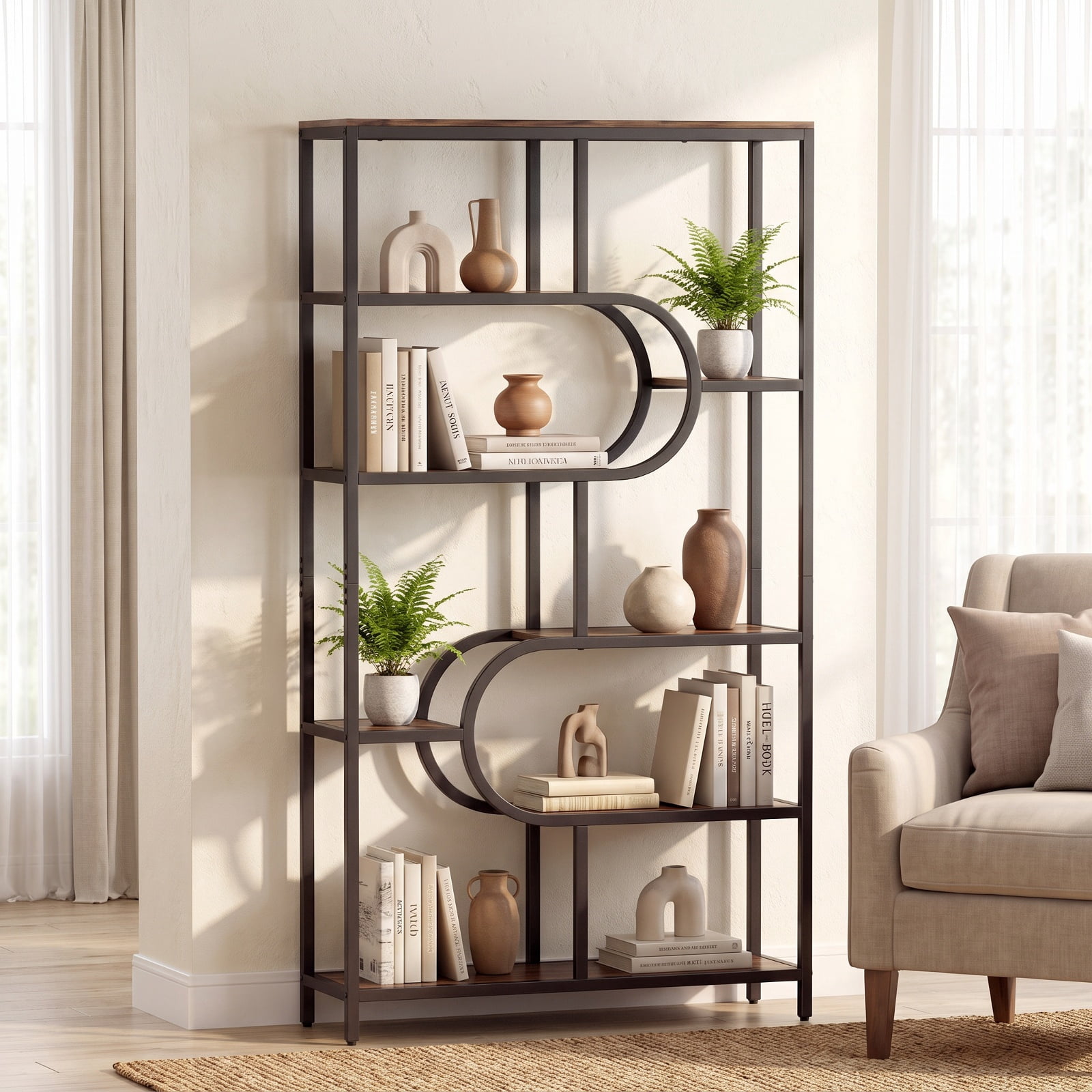 Furnibear 5-Tier Bookshelf Tall Etagere Bookcase with Open Storage Shelves and U Shape for Living Room Home Office Bedroom Display, Rustic Brown