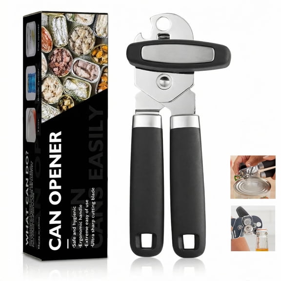 Can Opener and Bottle Opener, Easy to Use, Razor Sharp Stainless Steel Cutting Wheel, Oversized Turning Knob, Classic Multifunctional Kitchen Tool, Black