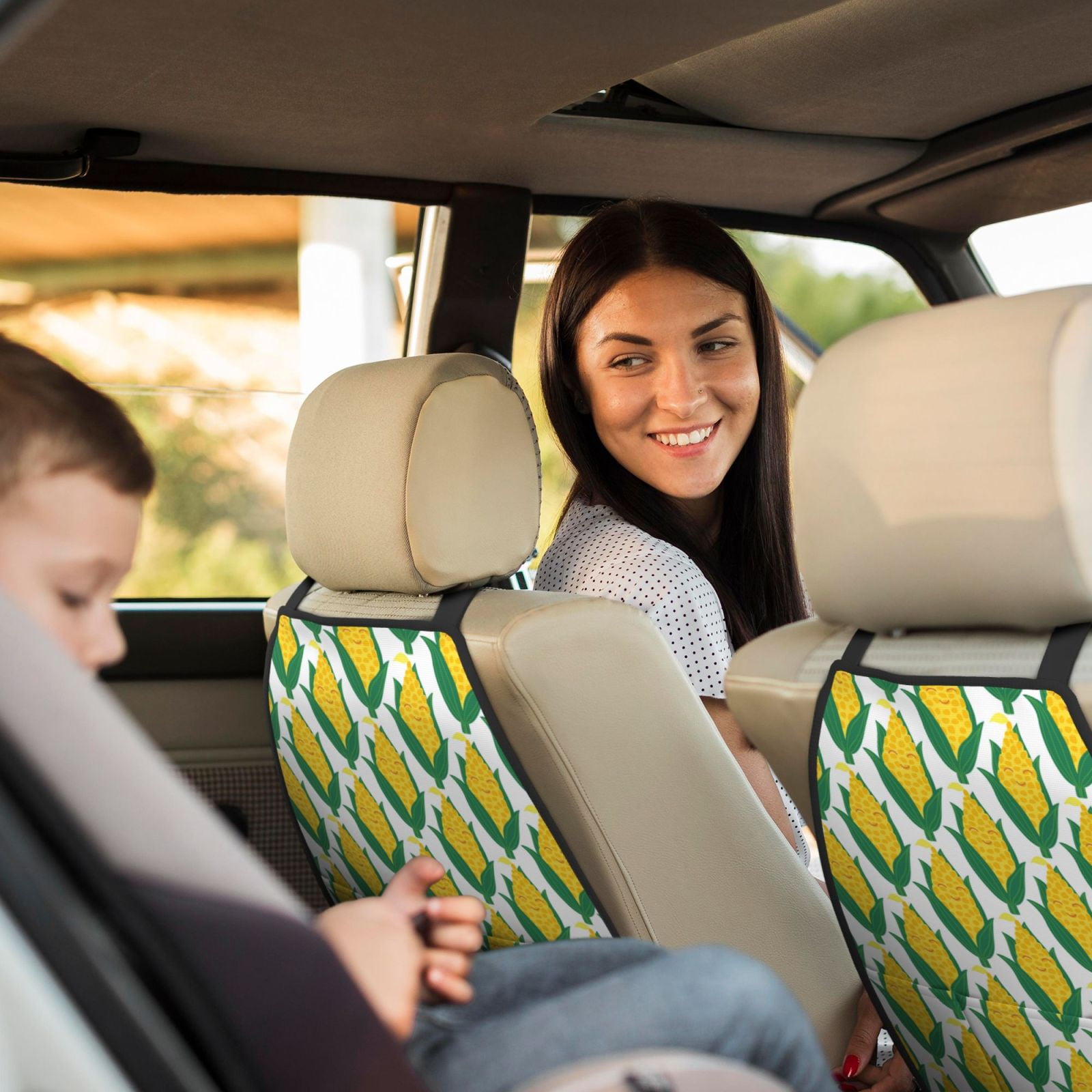 Xecao Corn Cob Pattern Car Seat Back Protector 2 Pack Large Capacity Pocket, Kick Mats Back Seat Protector