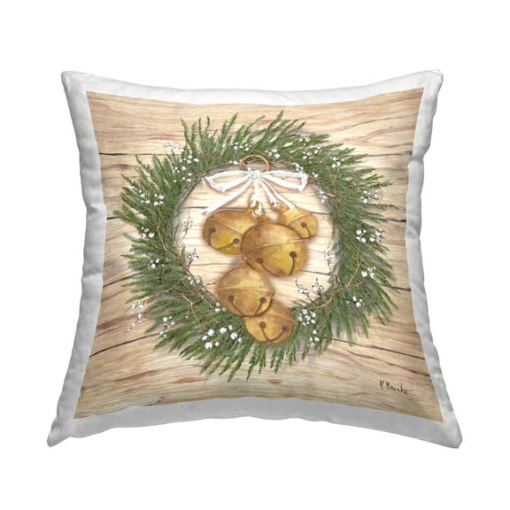 Stupell Industries Winter Bells Wreath 18" x 18" Holiday Wood Grain Polyester Throw Pillow, Zip Closure 1 Count