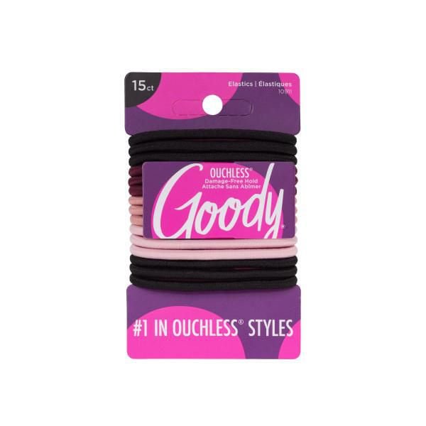 Pack of 15 Goody Ouchless elastics in assorted colors including black, pink, and burgundy with damage-free hold on purple branded card