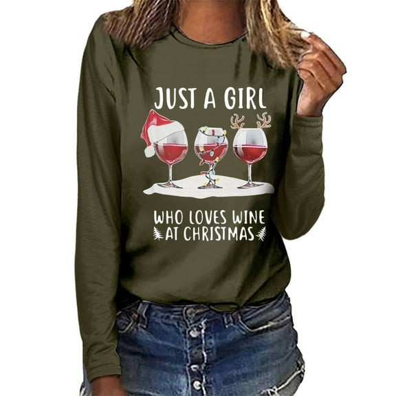 pimelu Christmas Shirts Clearance Trendy Christmas Shirts Womens Fashion Letter Print Wine Glasses Print Pullover Blouses Plus Size Crewneck Long Sleeve Tee Tops